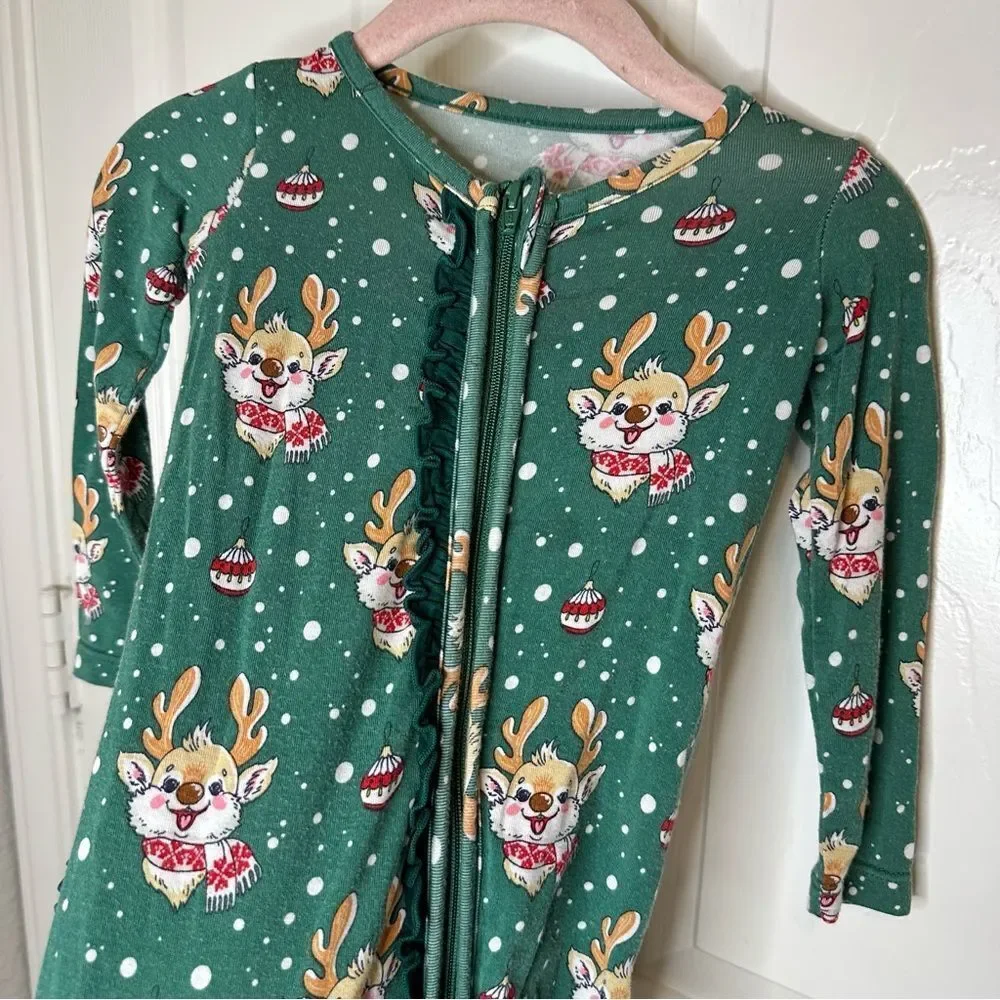 Ruffle Butts Dark Green Rudolph Snowball Ruffle Footie Pajama Sz 6-12M Christmas